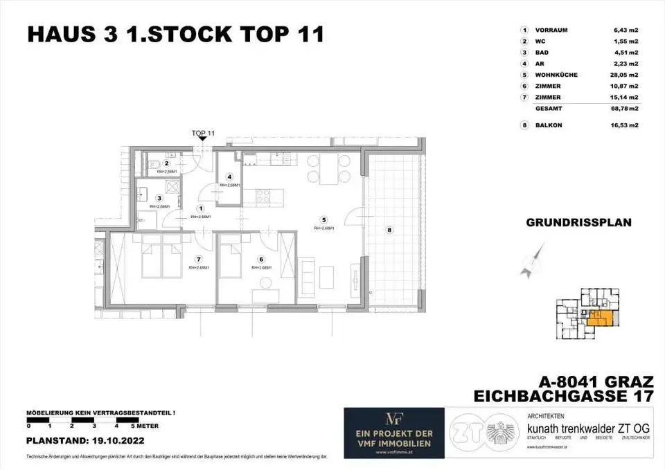 Neuwertige 3-Zi-Wohnung mit Balkon in Graz, 68m², Fußbodenheizung, Aufzug, Wohnküche!